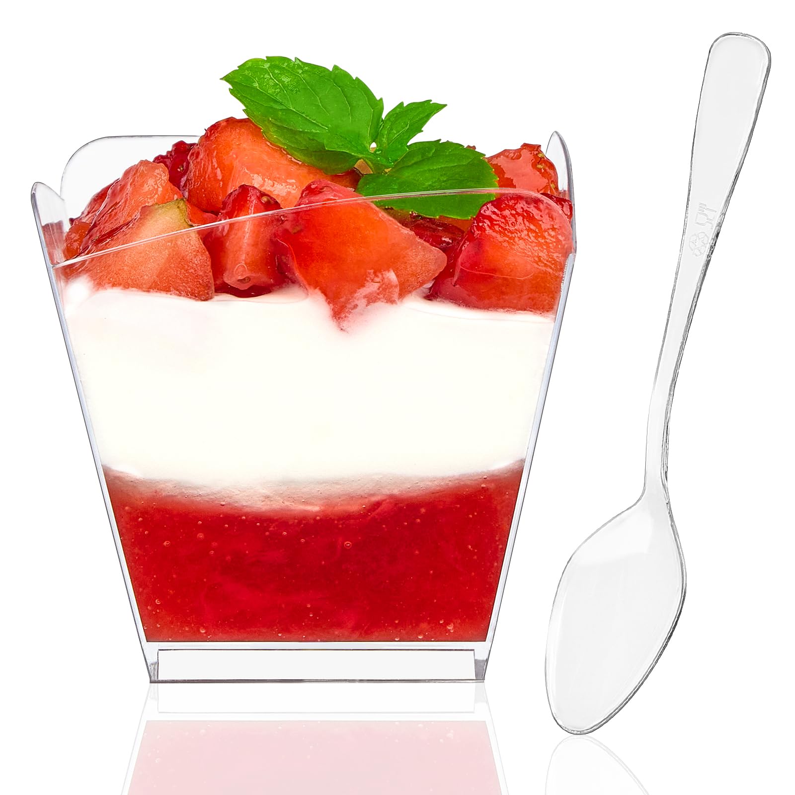 Photo 1 of Qeirudu 3.4 Oz Mini Dessert Cups with Spoons, 50 Pack Clear Plastic Square Parfait Cups Party Shooter Cups for Desserts, Appetizers, Ice Creams, Jello, Puddings, Mousses