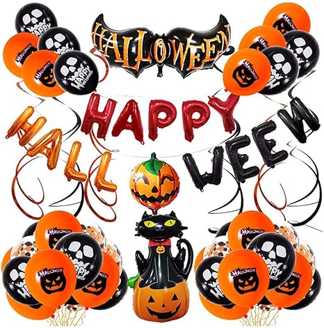 Amazon Co Jp Houpwyet ハロウィン 飾り付けセット 風船 ハロウィン 飾り バルーン ガーランド 黒ネコ コウモリ カボチャ デコレーション 装飾 イベント 仮装 学園祭 お祝い 文化祭 雰囲気 おしゃれ 装飾セット 黒ネコ ホーム キッチン