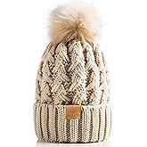 PAGE ONE Womens Winter Ribbed Beanie Crossed Cap Chunky Cable Knit Pompom Soft Warm Hat