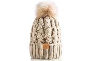 PAGE ONE Womens Winter Ribbed Beanie Crossed Cap Chunky Cable Knit Pompom Soft Warm Hat