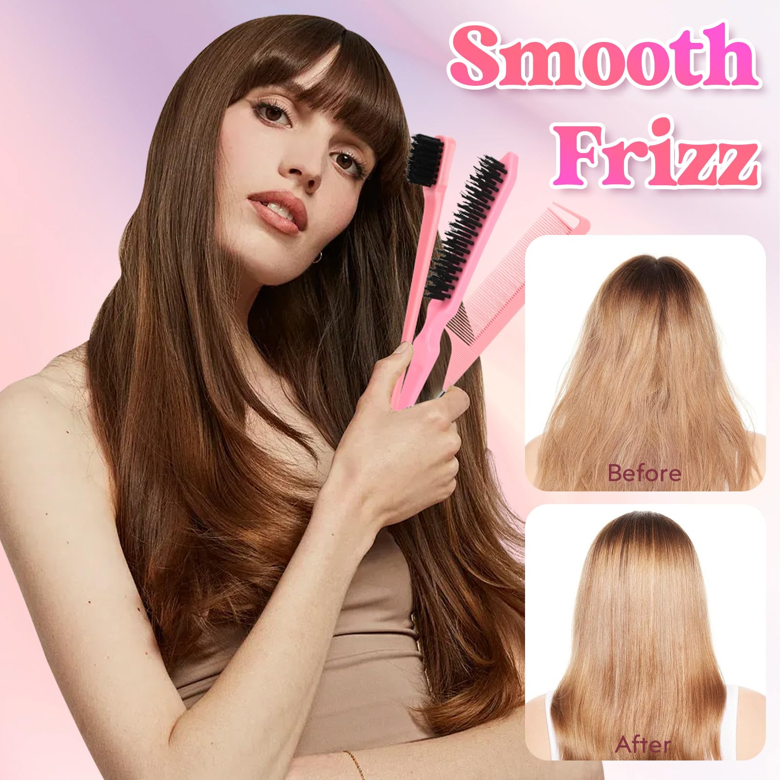 Hair Wax Stick, Slick Back Hair Brush, Wax Stick for Flyaways, Rat Tail Comb Edge Brush Styling Tool Set Accessories for Women Girls(Pink)