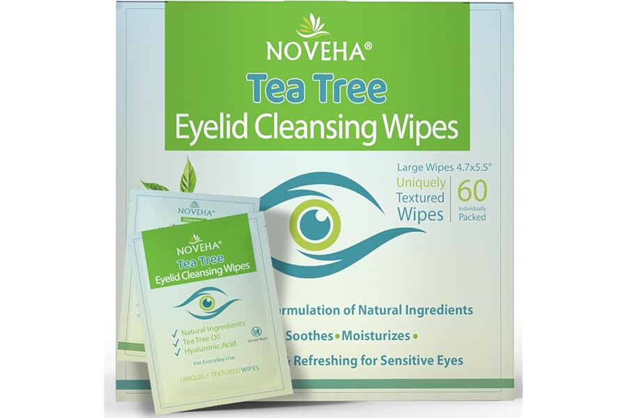 NOVEHA 60PCs Tea Tree Oil Eyelid & Lash Wipes | With Hyaluronic Acid, Green Tea & Chamomile For Blepharitis, Itchy & Stye Eyes, Individually Wrapped, Natural Eyelash Makeup Remover & Daily Cleanser