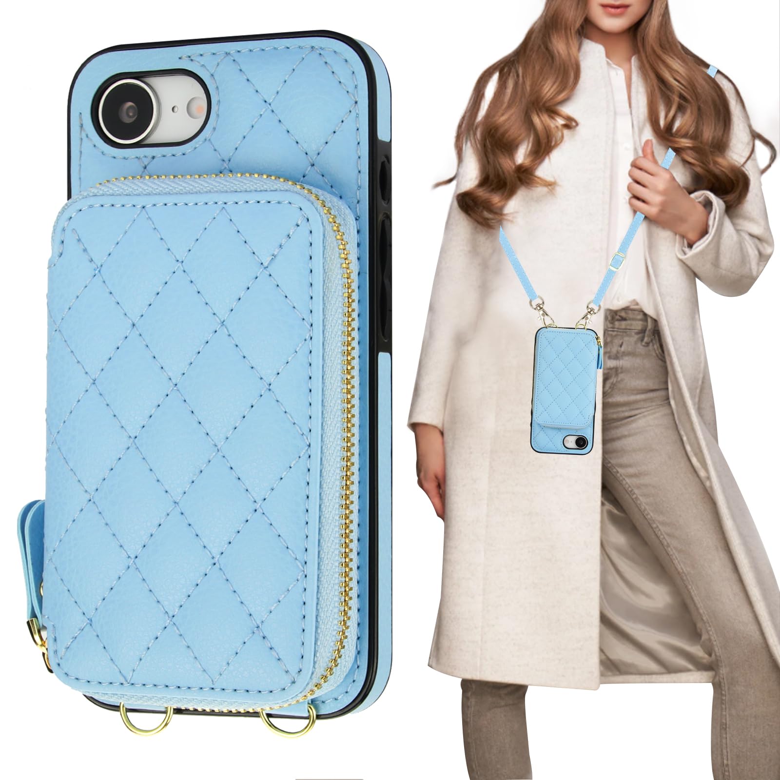 Bocasal Crossbody Wallet Case for iPhone 17e/16e, RFID Blocking PU Leather Zipper Handbag Purse Flip Cover, Kickstand Folio Case with Card Slots Holder Wrist Strap Lanyard 6.1 Inch 5G (Blue)