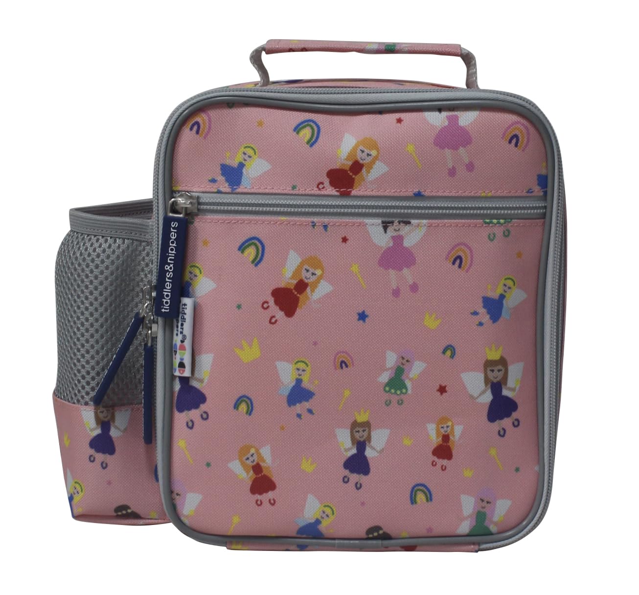 tiddlers & nippers Kids Lunch Bag | Insulated Lunch Box | Double Zipped Large Compartment | Zipped Front Storage, Carry Handle & Mesh Side Pocket (Fabulous Fairies)