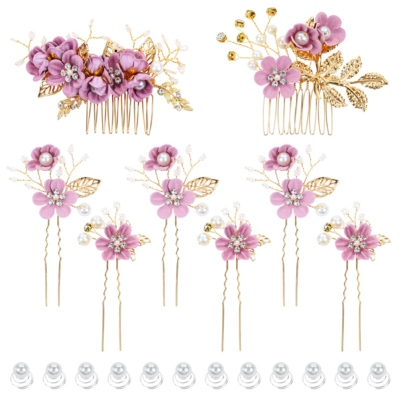 inSowni 20 Pack Purple Decorative Flower Bridal Wedding Hair Side Combs+U-shaped Flower Hair Pins+Twist Spiral Pearl Hair Pins Headpieces Accessories for Brides Bridesmaids Women Girls (Purple)