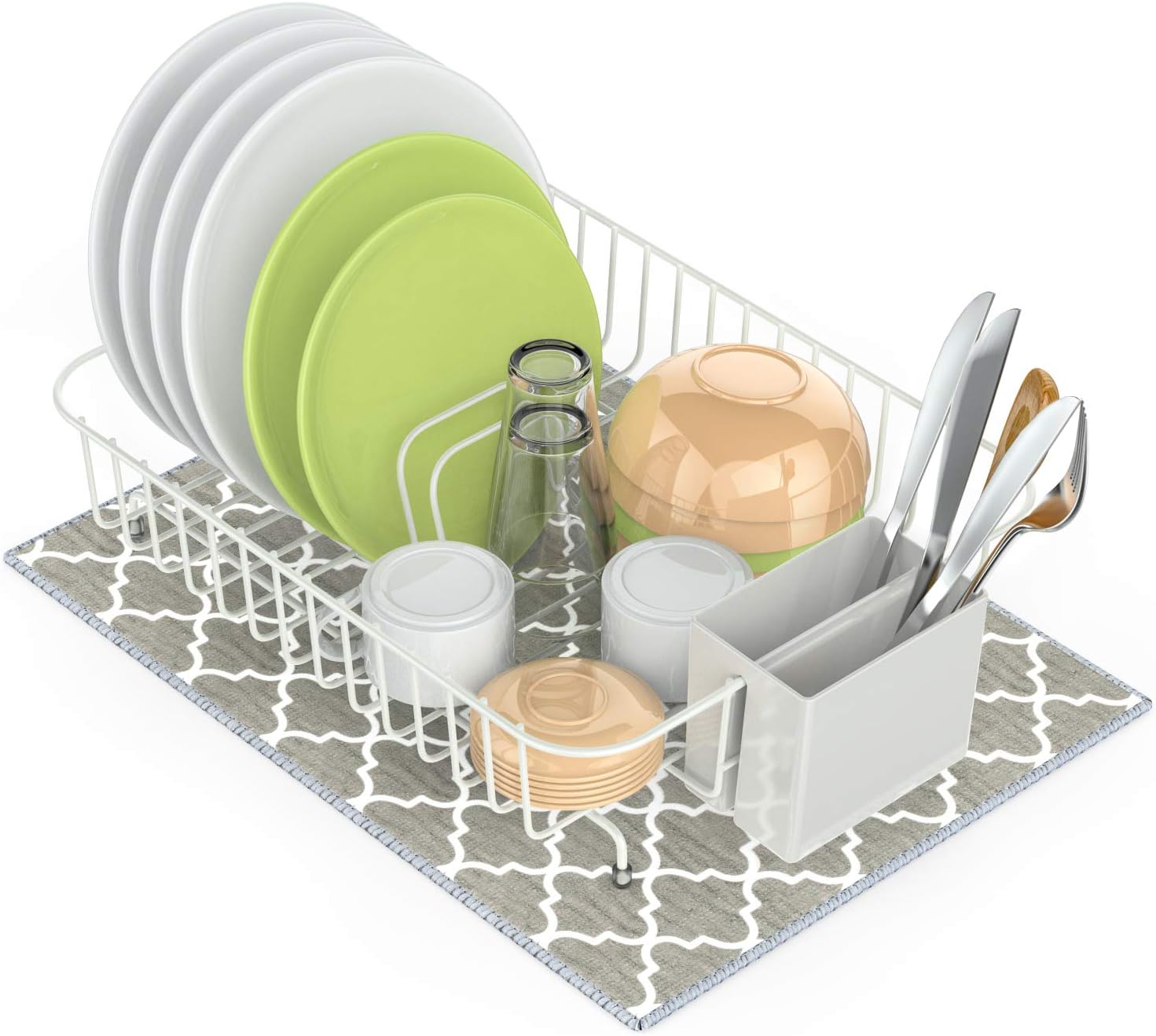 Dish Drying Rack, Cambond Small Dish Rack, Rustproof Dish Drainer with Drying Mat On Counter or In Sink Dish Racks with Utensil Holder (White)