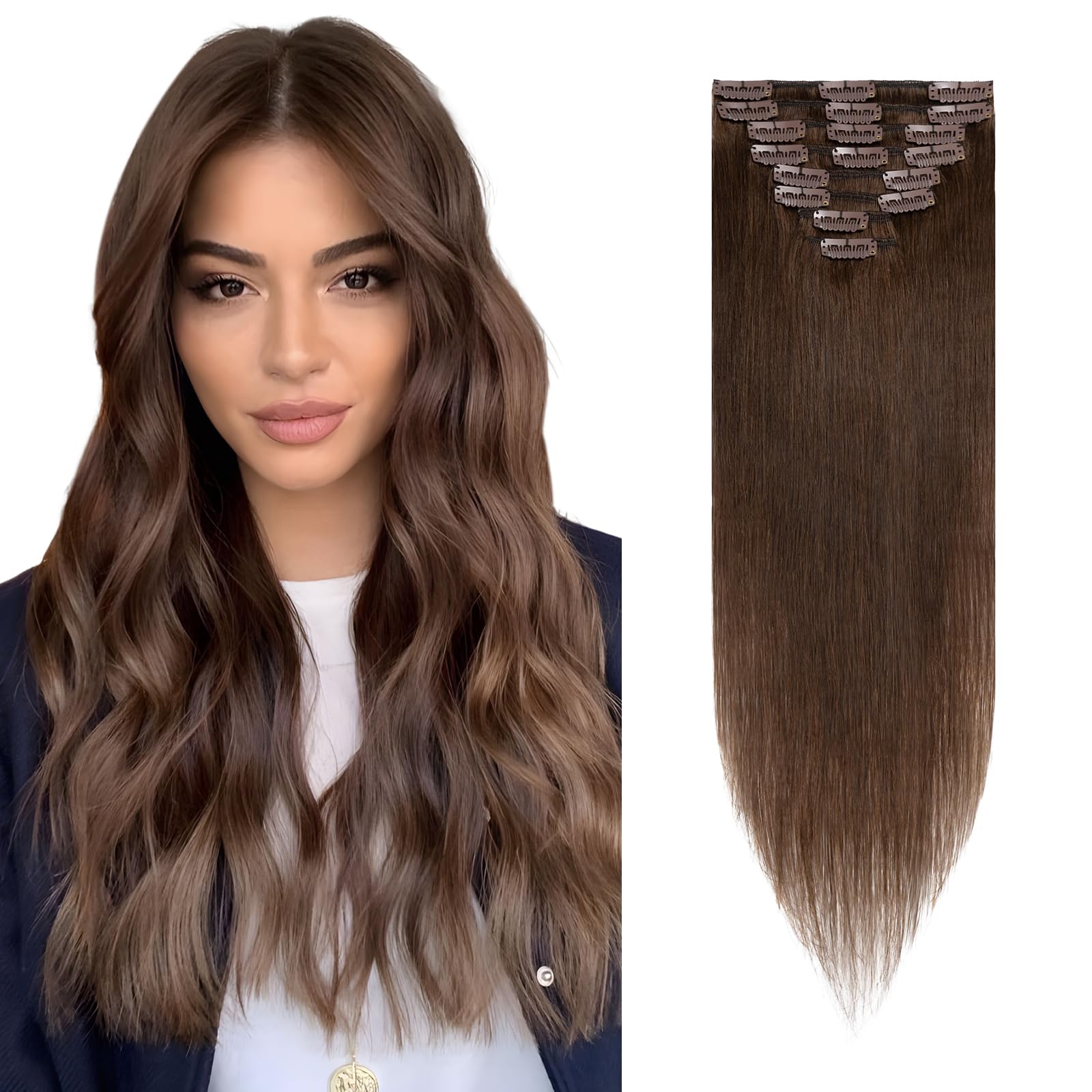 Rich Choices Hair Extensions Clip in Human Hair Medium Brown 8 Inch Remy Hair Extensions, 8PCS 45g Thin Weft