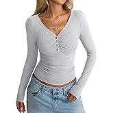 EasyGala Women Cotton Long Sleeve Henley Shirts V Neck Front Ruched Tops Sexy Low Cut Fitted T-Shirt Trendy Fall 2025