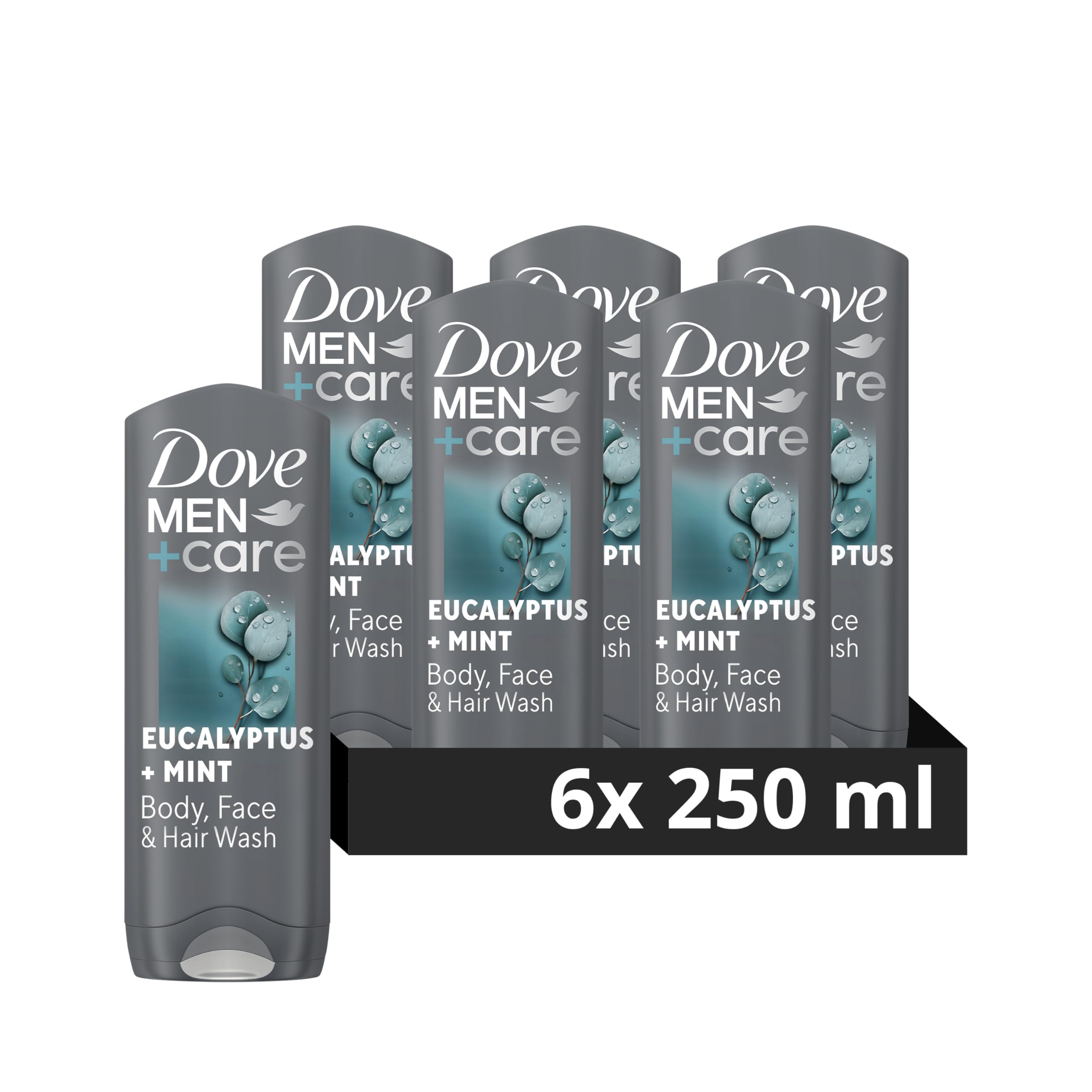 Dove Men+Care Revitalising Eucalyptus & Mint Fragrance 3 in 1 Hair, Face and Body Cleanser Shower Gel Body Wash with MicroMoisture technology for 24 hour nourishment 250 ml, Pack of 6