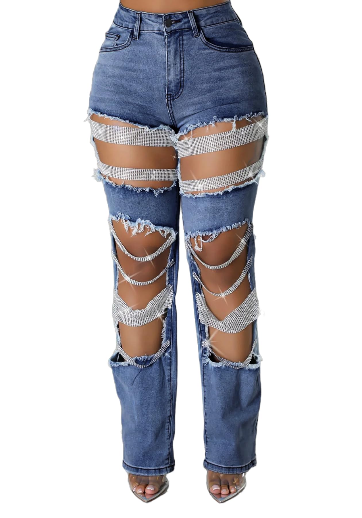 Geulis Womens Sexy Ripped Jeans High Waisted Rhinestones Pearl Chains ...