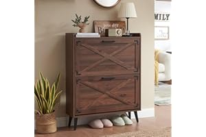 Barnyatoh Shoe Storage Cabinet,Farmhouse Shoe Organizer with 2 Flip Drawers & Barn Door Design,Freestanding Hidden Slim Narro