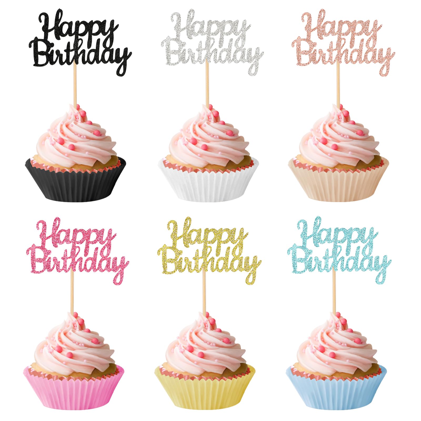 Photo 1 of 24 Pcs Happy Birthday Cupcake Toppers, Glitter Birthday Cupcake Toppers Sticks Birthday Cake Toppers Food Picks for Happy Birthday Party Anniversary Celebration Cake Cupcake Decorations, 6 Colors