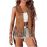 LouVasabuce Women Boho Western Tassel Vest Open Front Faux Suede Fringe Cardigan Sleeveless Jacket Vintage Hippie Outwear