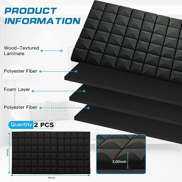 2 PCS ACOUSTIC PANELS,48”X24”X2” SOUND PROOF FOAM PANELS FOR WALLS,HIGH DENSITY FIRE RESISTANT & NOISE ABSORBING FOR STUDIO, OFFICE, HOME (BLACK, 2 PACK)
