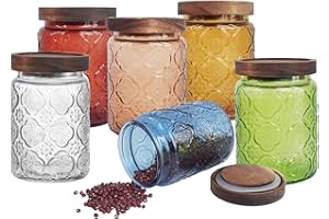 ENIPEDITA 6 Pcs 23.7oz Vintage Glass Jar with Airtight Wooden Lids Colored Glass Canisters Jars for Kitchen Counter Tea Flour