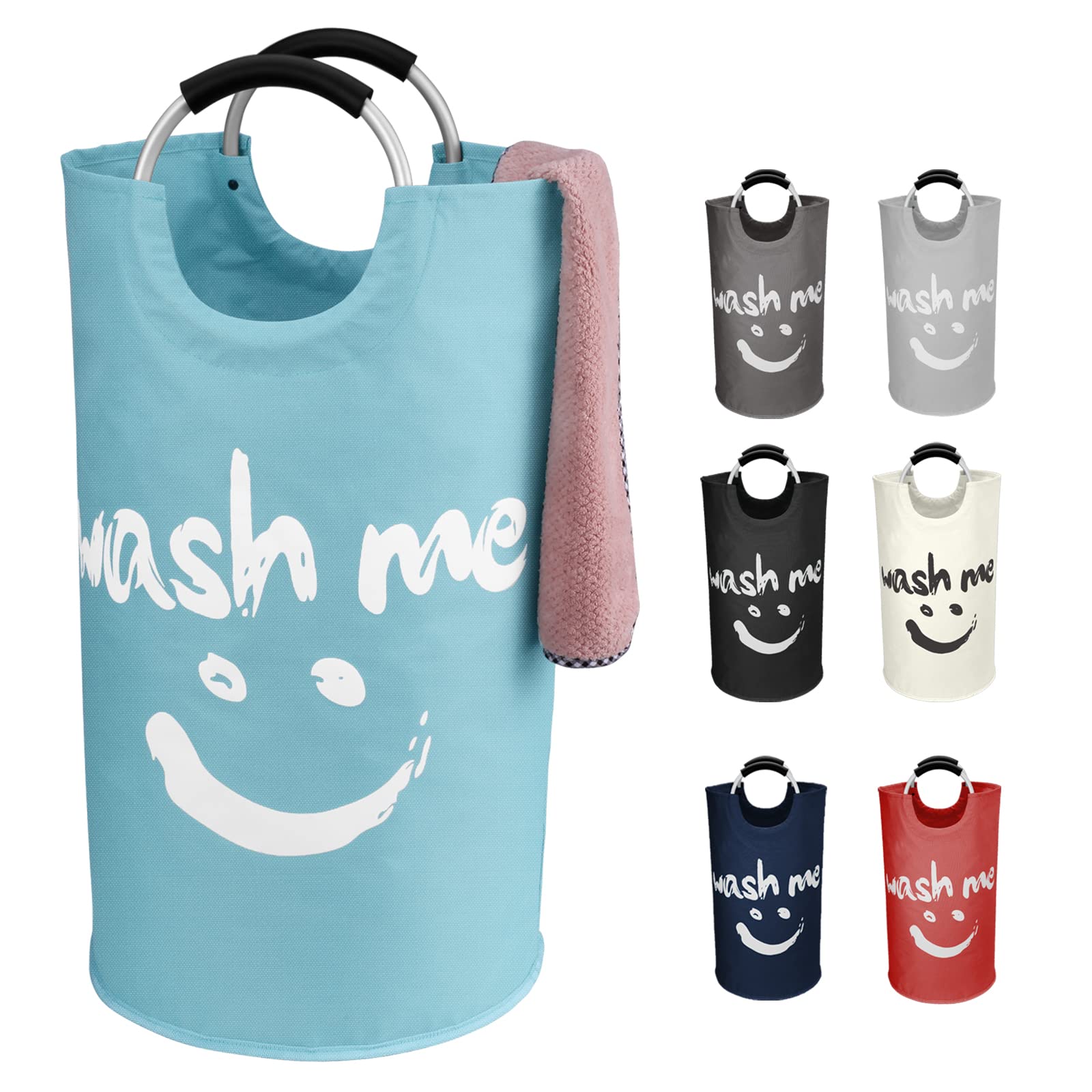 IHOMAGIC 95L Extra Large Laundry Basket Folding Washing Clothes Hamper with Soft Carry Handle Stand-alone Storage Bin for Toys Sundries Organiser Hamper with Smiley face for Bathroom Nursery (Blue)