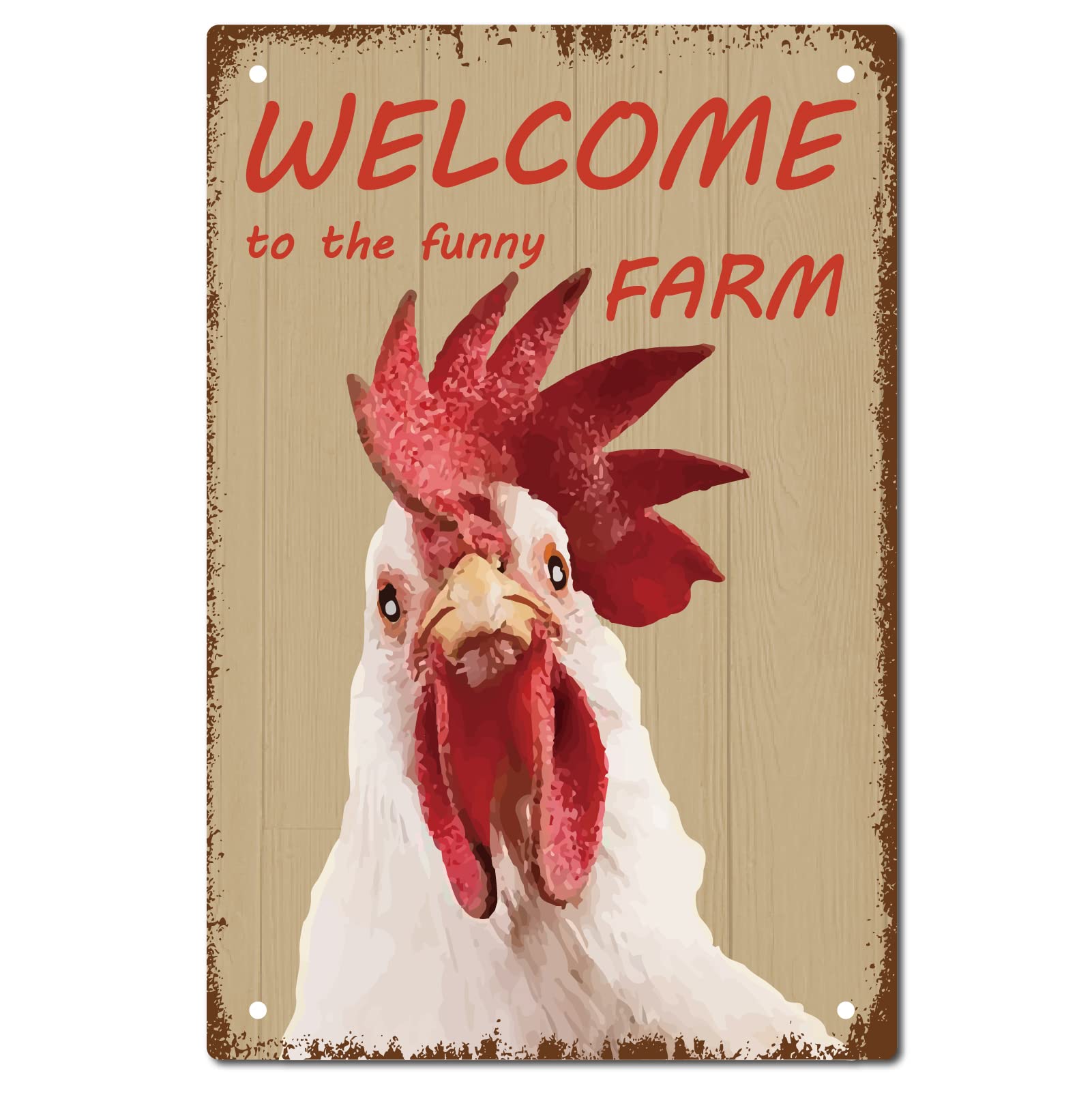 CREATCABIN Rooster Metal Tin Sign Welcome To The Funny Farm Retro Poster Plaques with Quotes Vintage Wall Hanging Decor for Farm Yard Farmhouse Home Living Room Bedroom 12 x 8inch