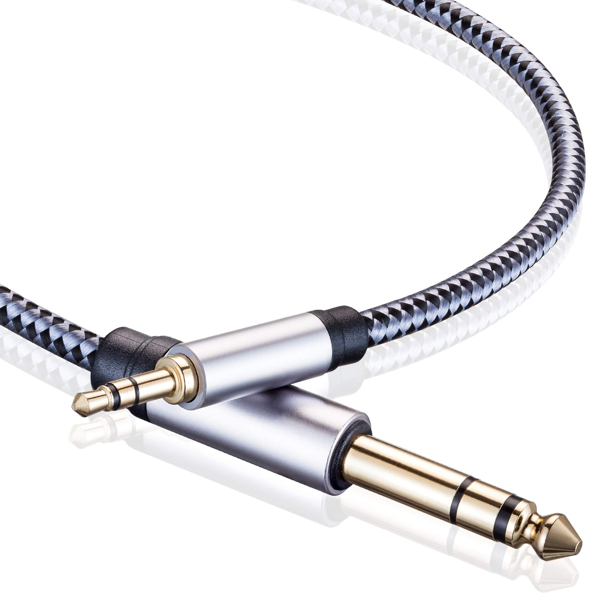 3.5mm to 6.35mm TRS Stereo Audio Cable 5M, Gold-Plated Terminal Silver Color Zinc Alloy Housing 3.5mm 1/8" Male TRS to 6.35mm 1/4" Male TRS Nylon Braided Stereo Audio Cable for iPhone, Amplifiers (5M)