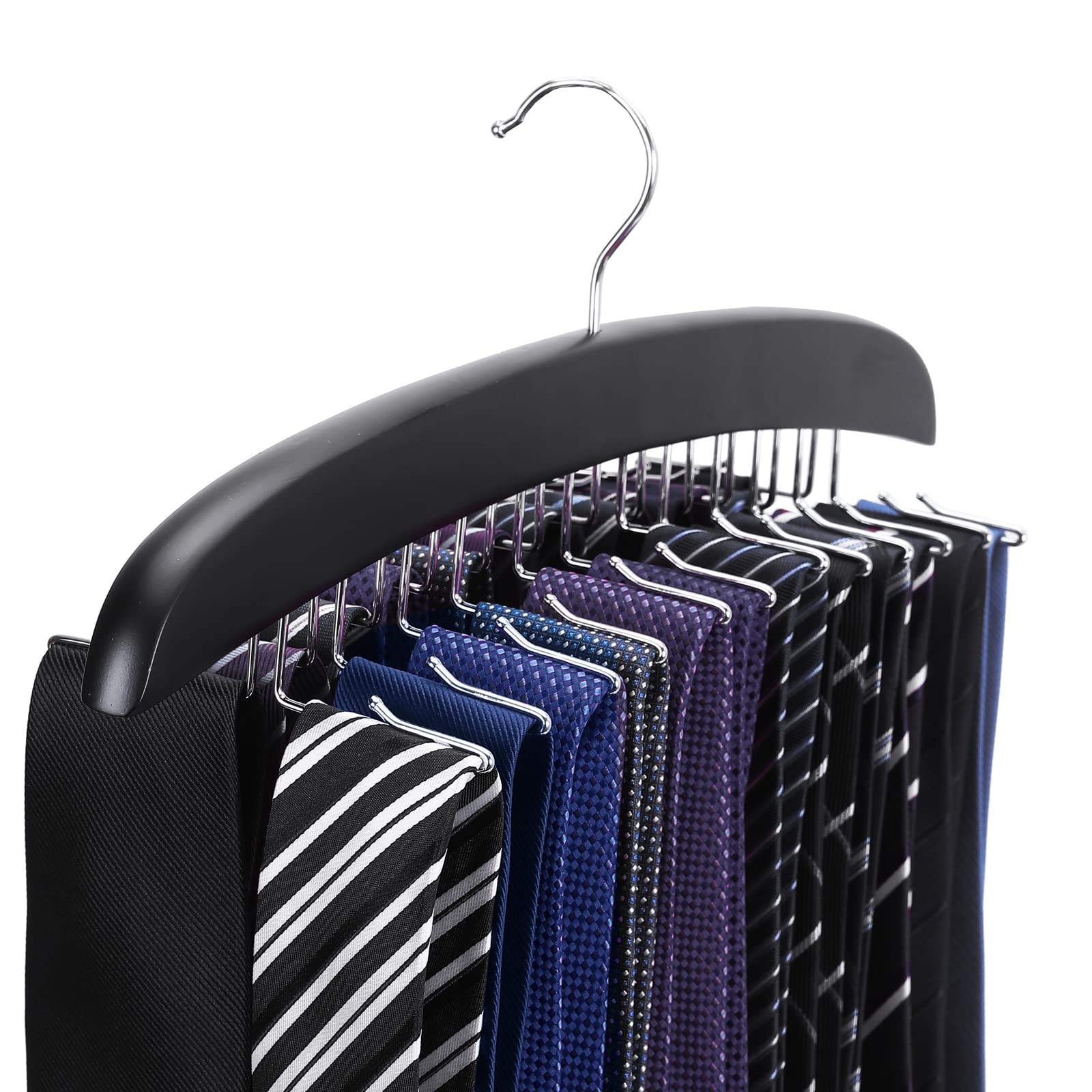 SunTrader Wooden Tie Hanger,24 Tie Organizer Rack Hanger Holder Hook (Black, 24 hooks)