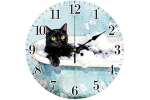 CONCHLERY Bathtub Black Cat Pattern Wall Clock 12 Inch Non-Ticking Clocks Round Wall Hanging Clock Battery Operated for Bedro