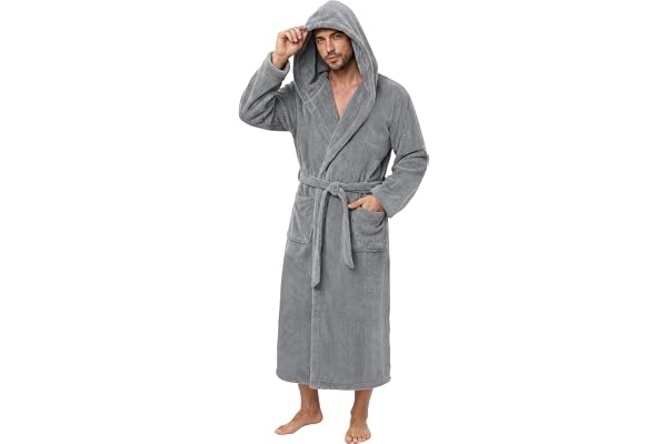 PJGGZ Men's Bathrobe with Hood, Soft Long Towel Robe for Men - Super Absorbent Quick Dry yet Warm
