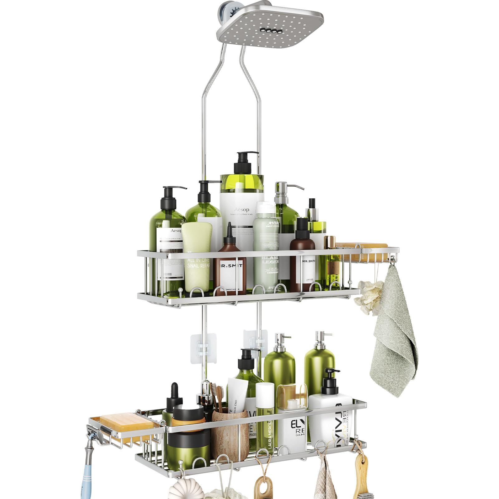 Photo 1 of Skyapex Shower Caddy Hanging: Adjustable Height, Rustproof Shelves with Hooks, 2 Soap Holders - Silver Shower Organizer Over Showerhead