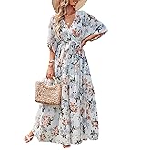 ANRABESS Womens 1/2 Sleeve Beach Wedding Guest Maxi Dresses 2026 Summer Wrap V Neck Boho Floral Flowy Slit Long Dresses