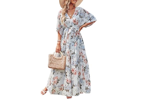 ANRABESS Womens 1/2 Sleeve Beach Wedding Guest Maxi Dresses 2026 Summer Wrap V Neck Boho Floral Flowy Slit Long Dresses