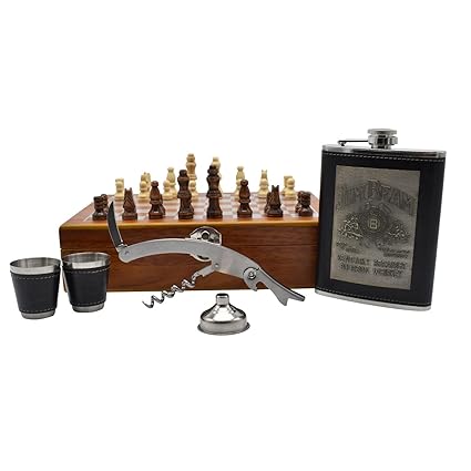 Stainless Steel Hip Flask Set - 1 Hip Flask, 2 Short Glass,1 Wine Bottle Opener & 1 Funnel in Wooden Chess Box.