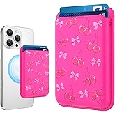 MOWIME Compatible with MagSafe Wallet, Cute Bow Cherry Pattern for Women Girls, Stronger Magnetic Card Holder Phone Wallet for iPhone 16/15/14/13/12 Series, Fit 2 Cards, Hot Pink