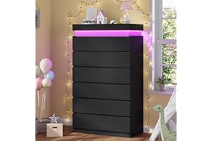 HAUOMS Tall 6 Drawer Dresser with LED Light, Black Modern Chest of Drawers for Bedroom,Closet Dressers with Drawers for Living Room, Entryway, Hallway