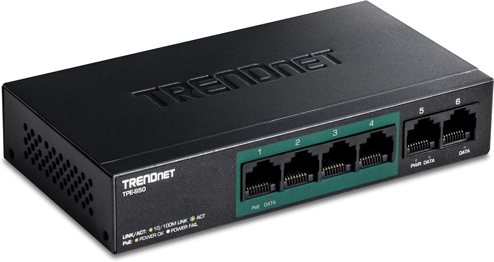 TRENDnet TPE-S50 6-Port Fast Ethernet PoE+ Switch 60W 4 PoE Ports Metal Fanless