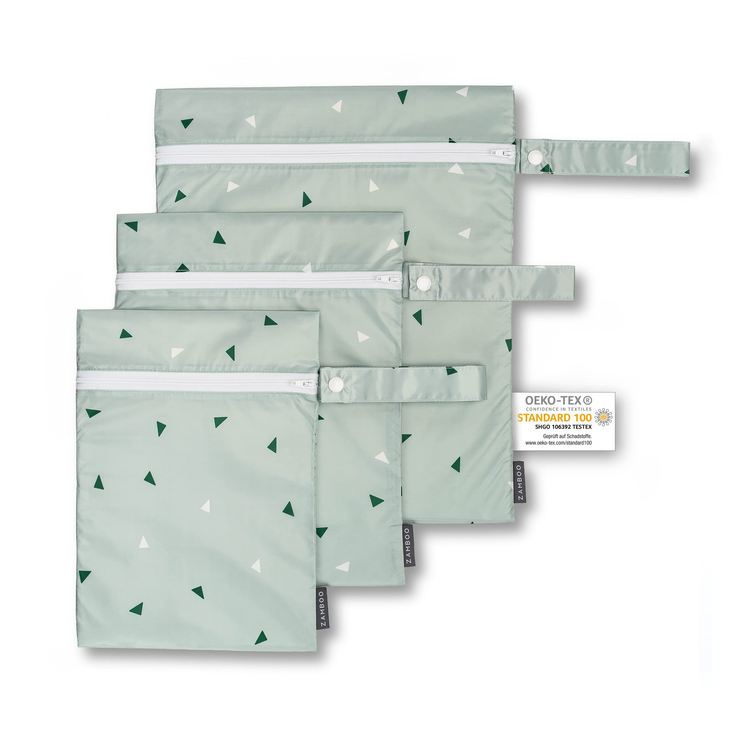 Zamboo Wet Bag Set of 3 / Nappy Bag for Cloth Nappies and Changing Washing - 3 x Wet Bags with Zip and Loop - Oeko-Tex Standard 100 Tested - Green, Mint