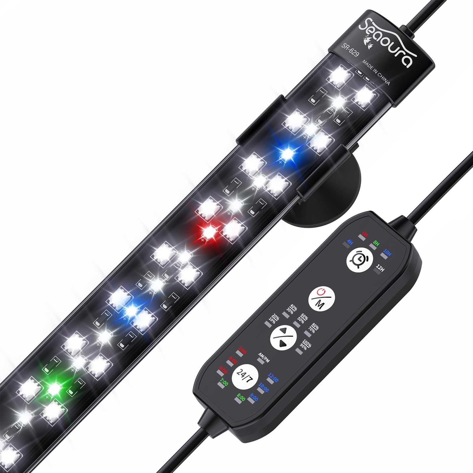 SEAOURA Submersible Aquarium Lights for Fish Tank, 24/7 Cycle Fish Tank Light with Timer, Full Spectrum+7 Single Colors, Auto On/Off, Adjustable Brightness, 12W (48cm)
