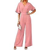 LOOKBOHO Jumpsuits for Women V Neck Elegant Dressy Casual One Piece Romper Batwing Sleeve Wide Leg Jumpsuit Outfits Pink L