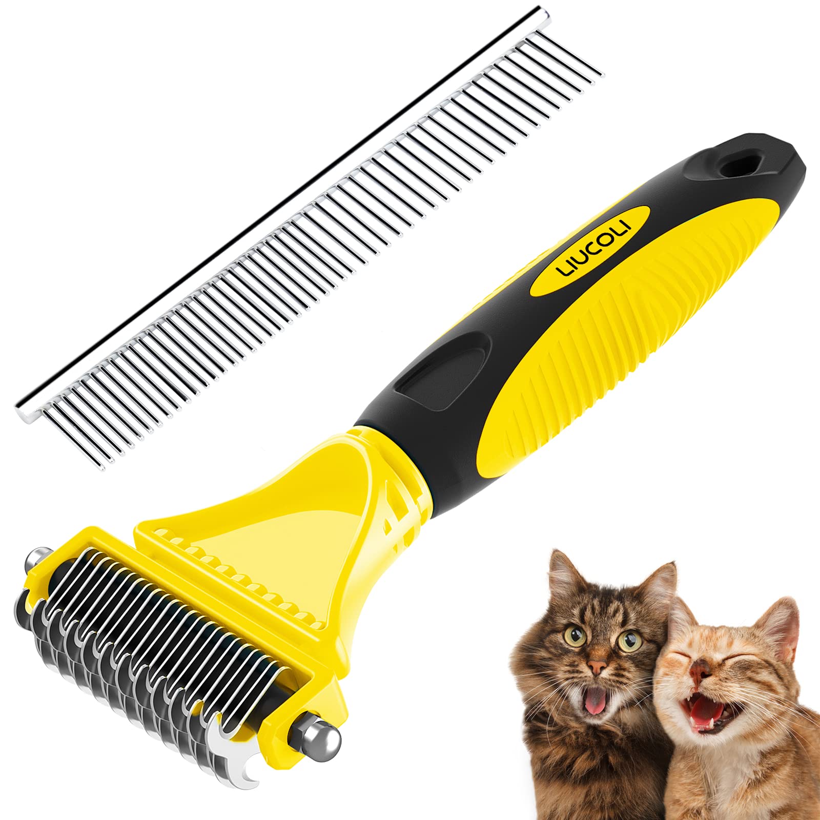 Cat Brush, Dog Grooming Brush, Rabbit Comb for shedding, LIUCOLI Professional Pet Hair Remover Rake - Eliminates Tangles Knots for Long/Short Hair, Removes Dead Undercoat and Loose Hairs Yellow