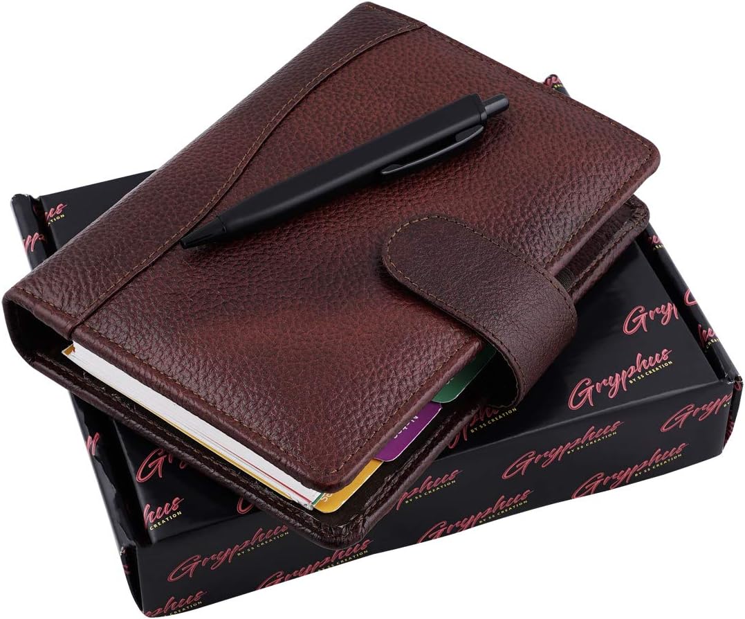 GRYPHUS Dark Brown Business Planner/Elegant A5 Faux Leather Pocket Office Stationery Appointment Organiser and Diary for Boys and Girls with Pen.