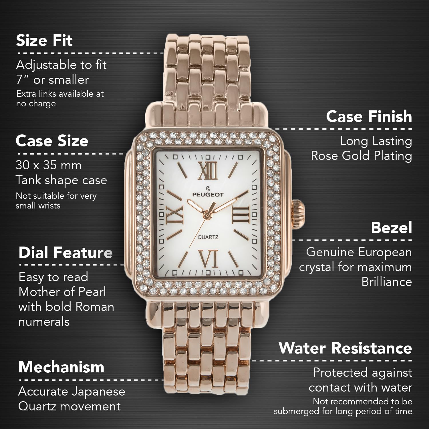 Peugeot Women Rectangle Dress Watch with Crystal Decorated Bezel, Roman Numerals and Bracelet