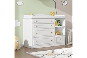 ST.MANDYU White Changing Table Dresser, Baby Nursery Dresser, Baby Diaper Changing Table, 5 Drawers, Adjustable Shelves, Metal Handle, Curved Wrapping Design, White