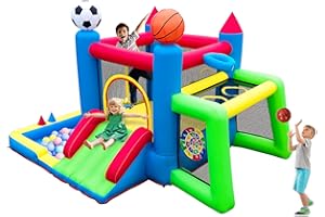 COCOFISH Inflatable Bounce House for Kids Ages 3-6, 7-in-1 Sports Themed Bouncy Castle with Slide, Ball Pit, Hoop & Soccer Goal, Dartboard, Ring Toss, Blower for Indoor Outdoor Play Center