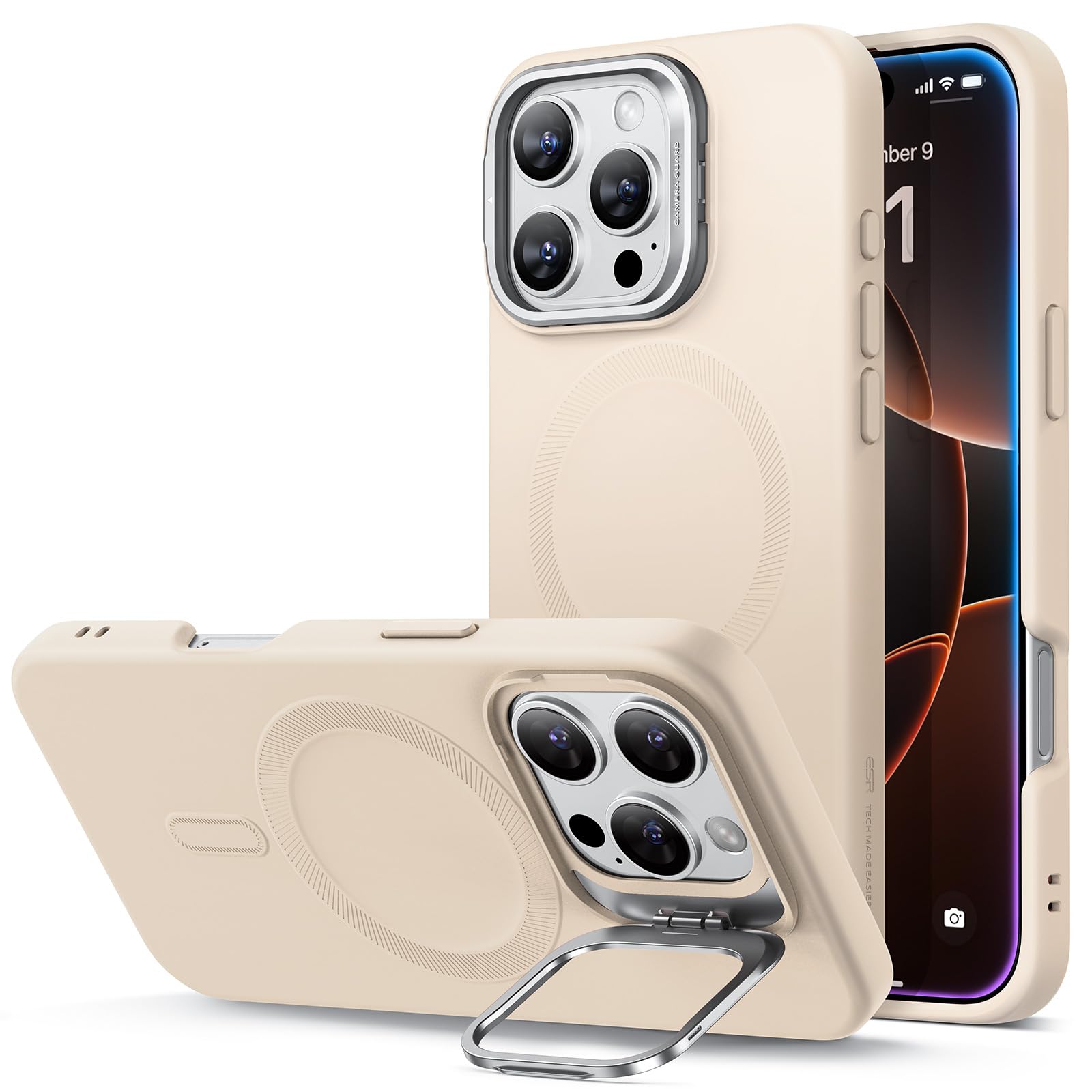 Photo 1 of ESR for iPhone 16 Pro Case, Silicone Case with Stand, Compatible with MagSafe, Military-Grade Protection, Built-in Camera Stash Stand, Magnetic Phone Case for iPhone 16 Pro, Cloud Series, Light Tan