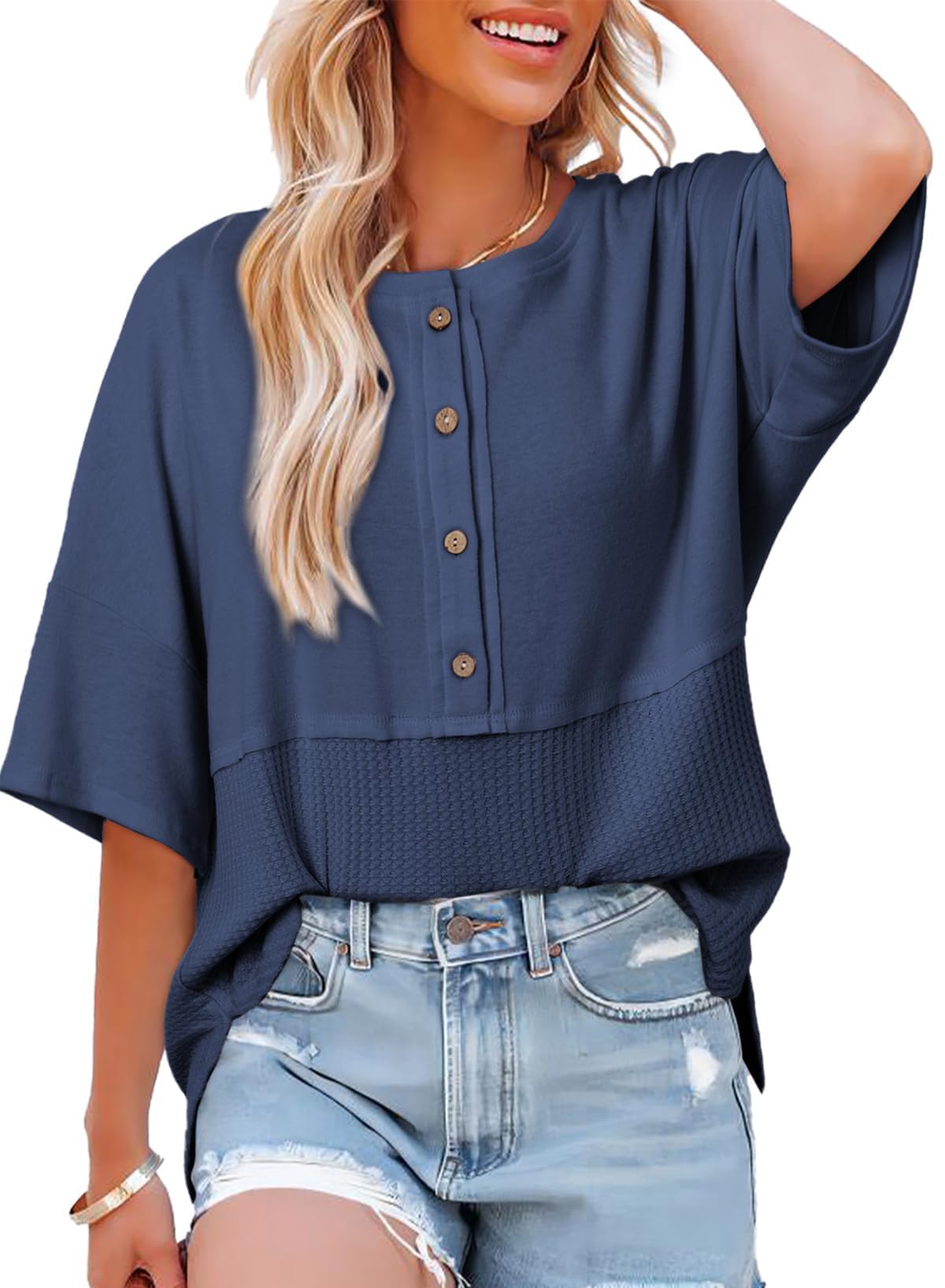 Photo 1 of Dokotoo Tops for Women Trendy 2025 Waffle Knit Tops Plus Size Summer Outfits Lightweight Short Sleeve Shirts Crewneck Button Up Blouse Casual Fashion Loose Basic Button Down T Shirts Blue XX-Large