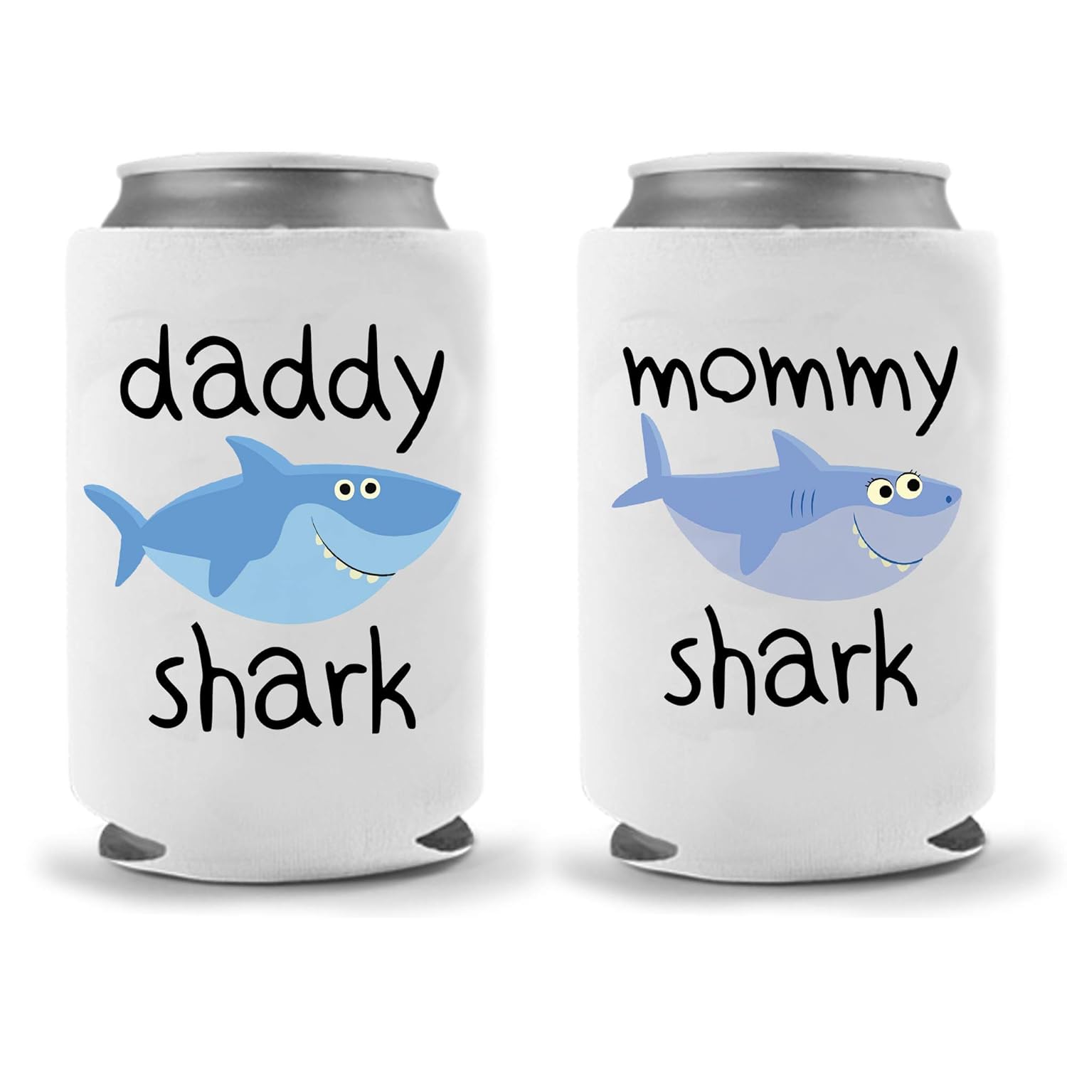 Mommy Daddy Shark Collapsible Neoprene Can Coolies - Insulated Neoprene Can Coolie Huggie Hugger - Funny Party Beer Holders 12oz|16oz (Combo Sharks)