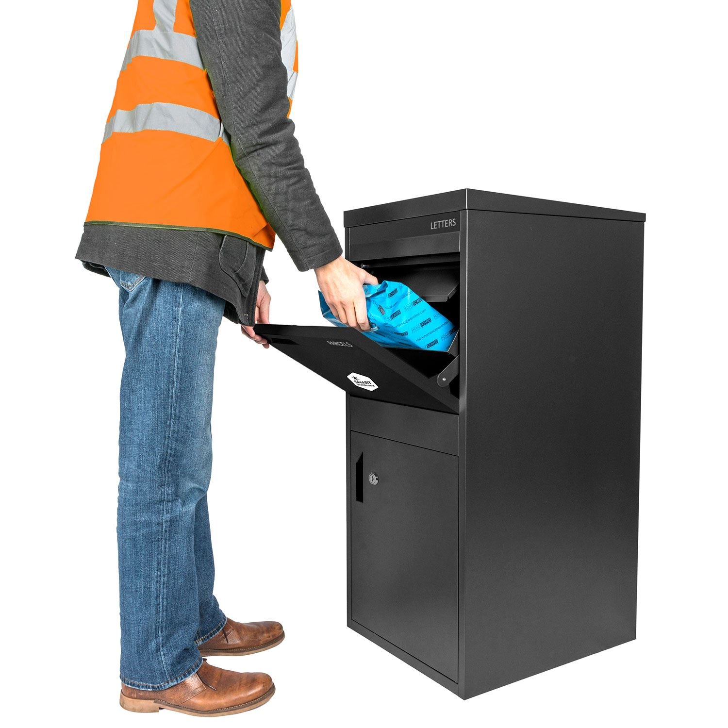 Extra Large Smart Parcel Box Black Front & Rear Access Doors for Secure