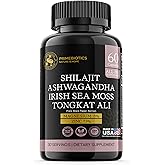 PRIMEBIOTICS All-in-1 Shilajit Supplement with Ashwagandha, Irish Sea Moss, Tongkat Ali, Black Pepper Extract, Boron, Magnesium and Zinc for Men & Women (60 Capsules)