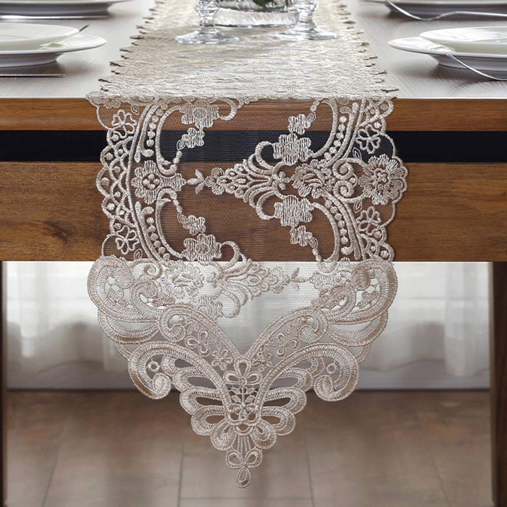 FuHouse 26x150cm Lace Floral Table Runner Cover Cloth, Suitable for Table Length about 100-120cm for Home Decor/Housewarming Gift/Christmas/Party/Wedding Decor (Champagne)