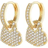 Crystal Heart Dangle Hoop Huggie Earrings for Women Dainty 14k Gold-Tone Plated Cubic Zirconia Small Hoops Earring Charm Drop Jewelry Gift for Ladies Love Statement Valentine's Day Gifts for Girlfriend