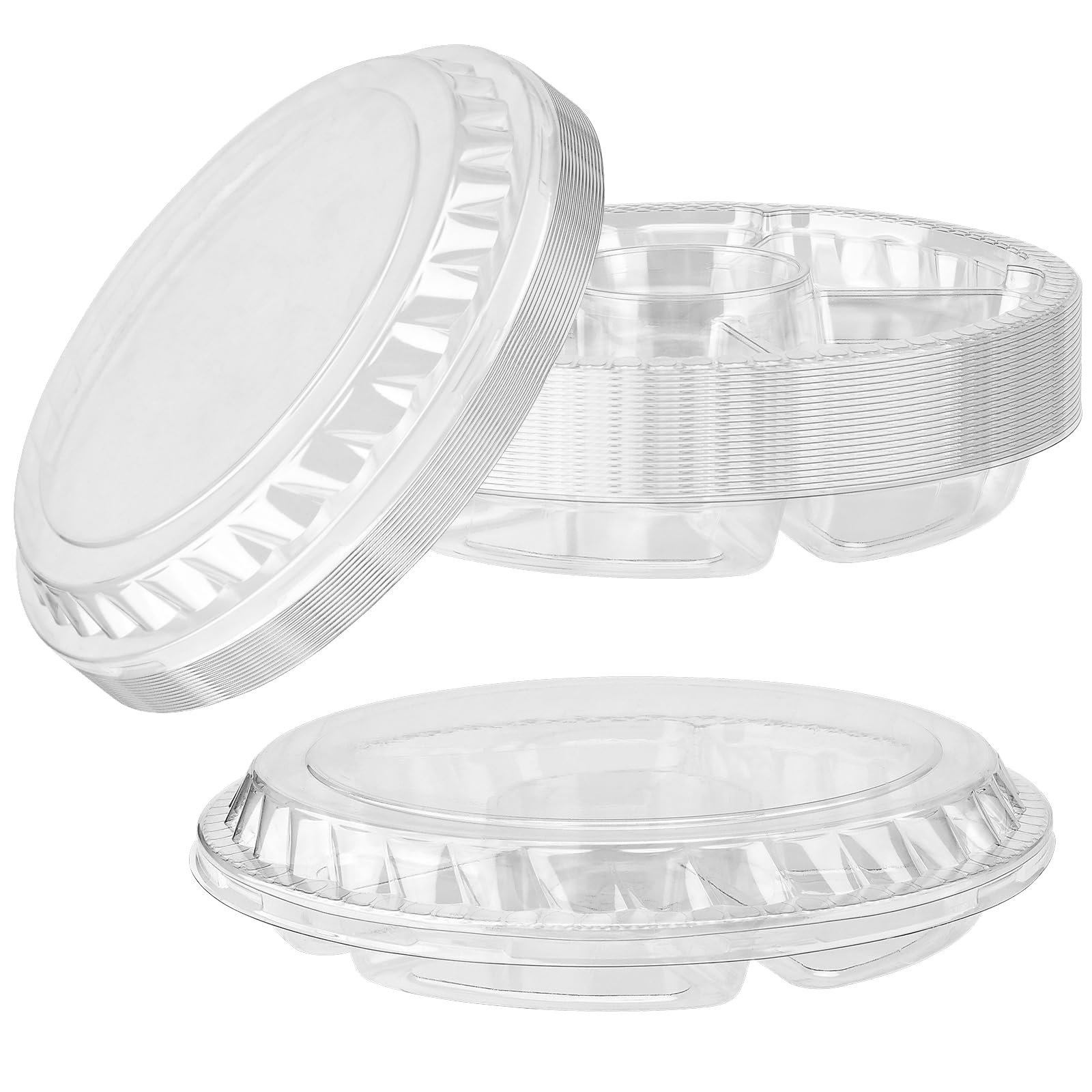 MOUYAT 20 Set 26.5cm 10.4 Inch Clear Round Plastic Snack Trays with Lid, Hold 1000g 6 Divided Compartments Appetizer Party Storage Container with Accessory, Serving Veggie Fruit Tray for Salad Candy