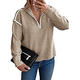 Saodimallsu Womens Quarter Zip Pullover Sweaters Casual Collared V Neck Color Block Long Sleeve Loose Knit Fall Sweater
