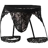 ABEHIK Mens Sissy Thongs Underwear Sexy Lace Panties Boxer Briefs Sheer Pouch Garter Crossdress Underwear Lingerie for Men